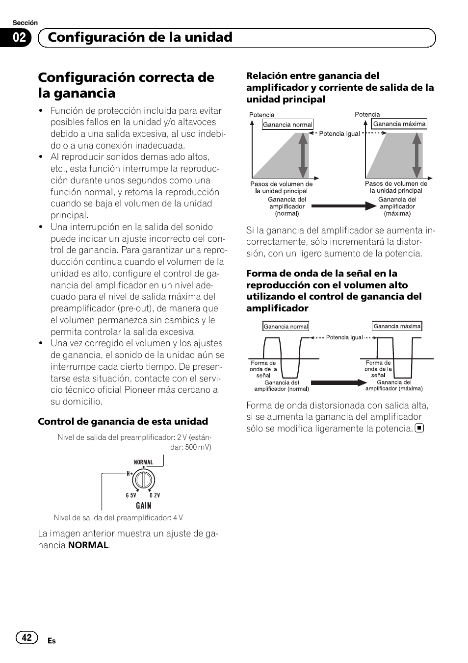 Configuración correcta de la ganancia, 02 configuración de la unidad | Pioneer GM-D8601 User Manual | Page 42 / 92
