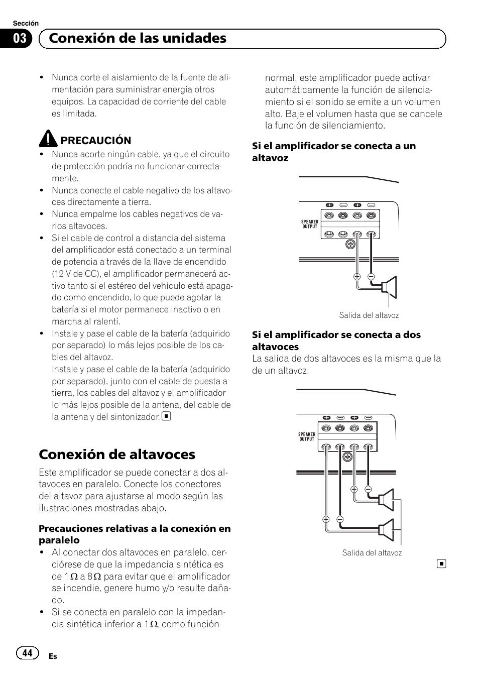 Conexión de altavoces, 03 conexión de las unidades | Pioneer GM-D8601 User Manual | Page 44 / 92