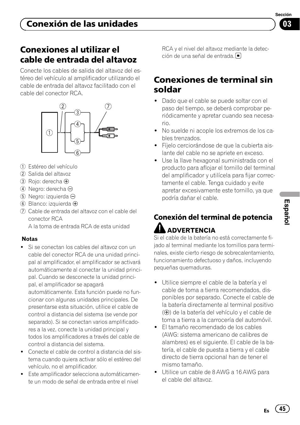 Conexiones de terminal sin soldar, 03 conexión de las unidades, Conexión del terminal de potencia | Pioneer GM-D8601 User Manual | Page 45 / 92
