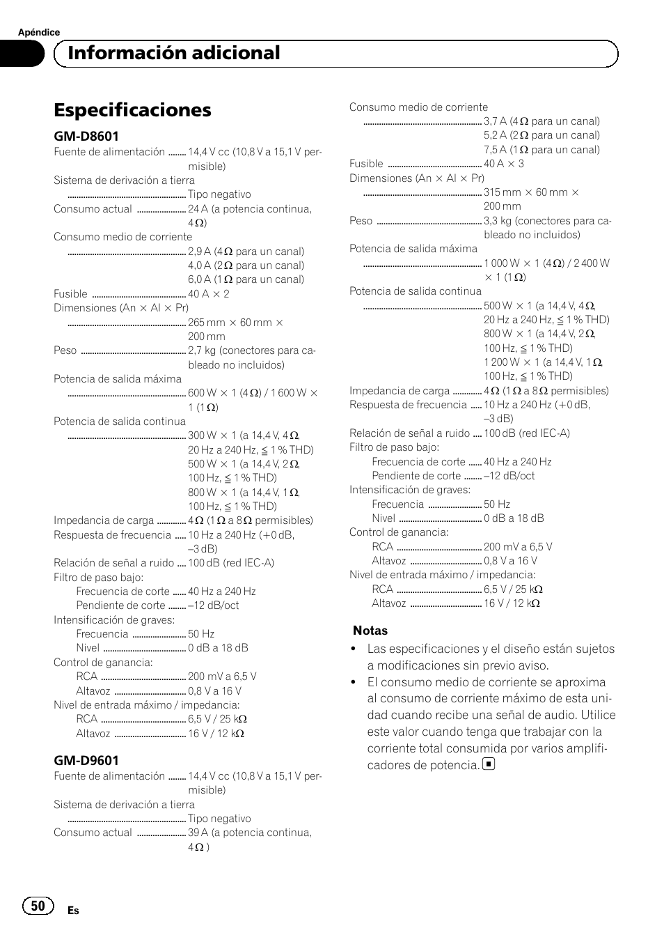 Especificaciones, Información adicional, Gm-d8601 | Gm-d9601 | Pioneer GM-D8601 User Manual | Page 50 / 92