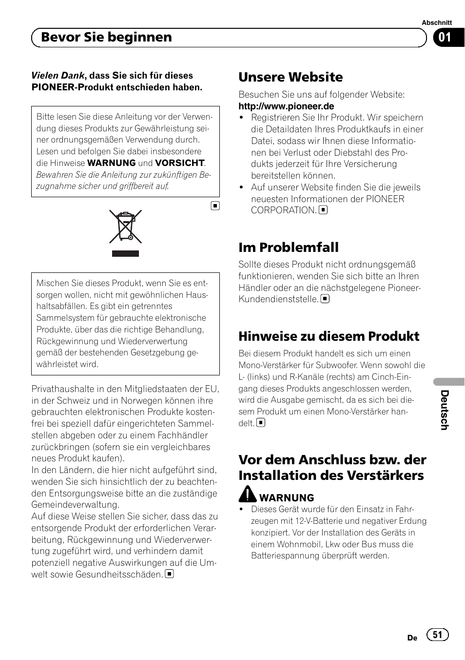 Deutsch, Unsere website, Im problemfall | Hinweise zu diesem produkt, 01 bevor sie beginnen | Pioneer GM-D8601 User Manual | Page 51 / 92