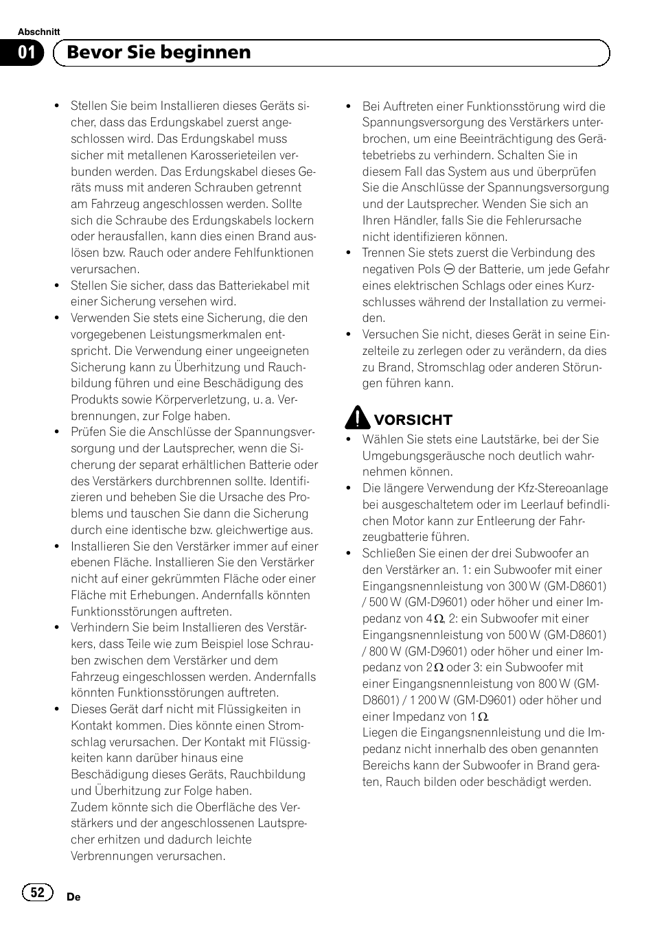 01 bevor sie beginnen | Pioneer GM-D8601 User Manual | Page 52 / 92