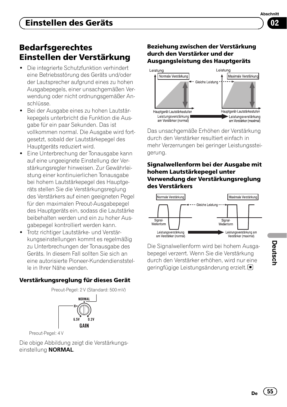 Bedarfsgerechtes einstellen der verstärkung, 02 einstellen des geräts | Pioneer GM-D8601 User Manual | Page 55 / 92