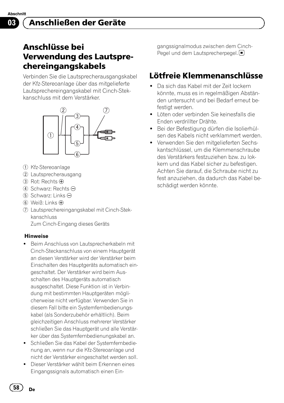 Lötfreie klemmenanschlüsse, 03 anschließen der geräte | Pioneer GM-D8601 User Manual | Page 58 / 92