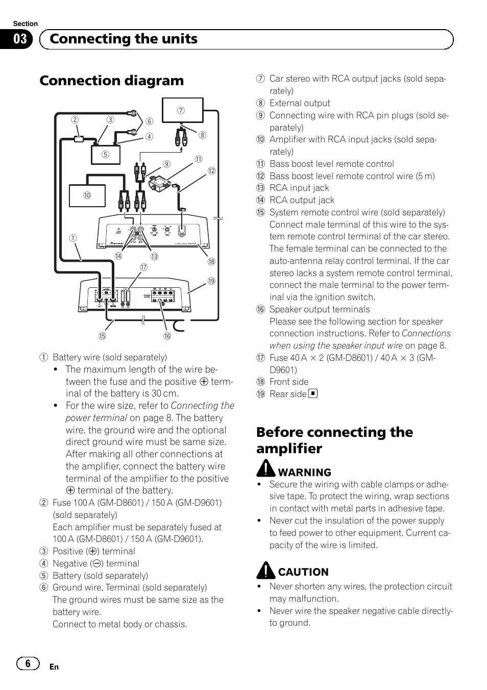 Connection diagram, Before connecting the amplifier, 03 connecting the units | Pioneer GM-D8601 User Manual | Page 6 / 92