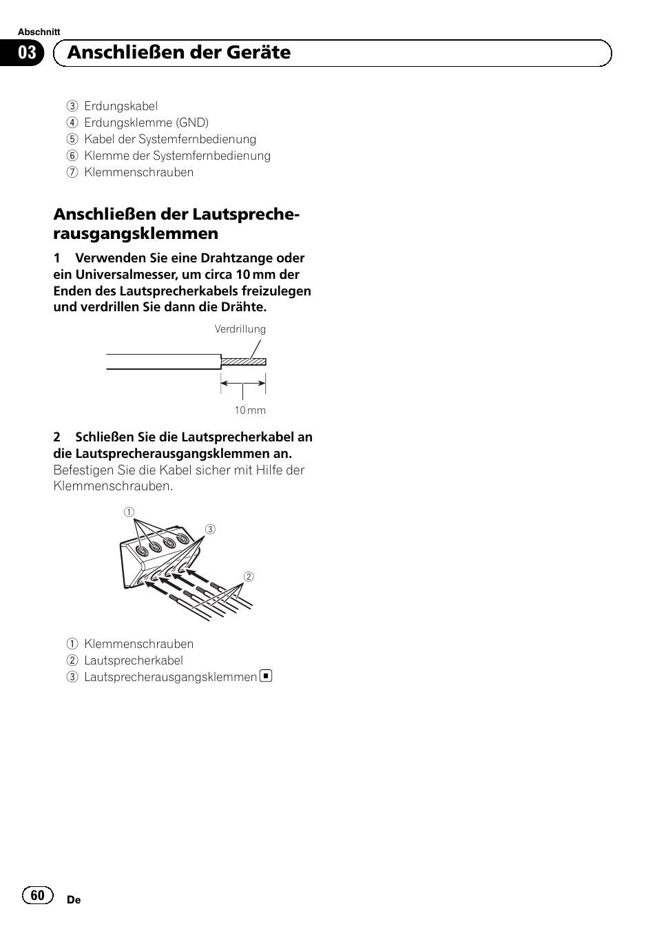 03 anschließen der geräte, Anschließen der lautspreche- rausgangsklemmen | Pioneer GM-D8601 User Manual | Page 60 / 92