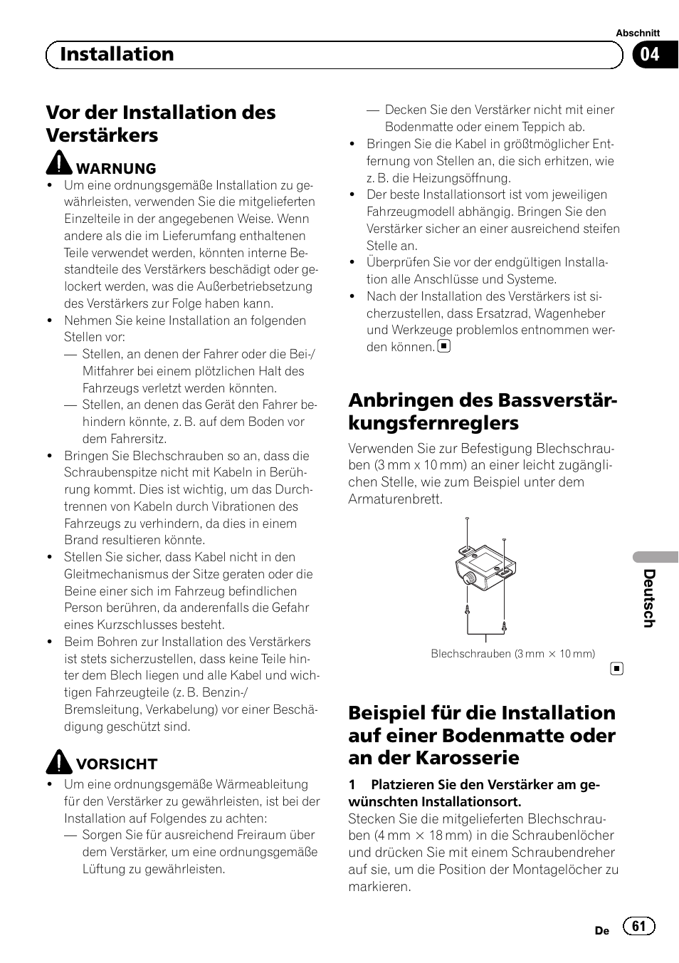 Vor der installation des verstärkers, Anbringen des bassverstär- kungsfernreglers, 04 installation | Pioneer GM-D8601 User Manual | Page 61 / 92