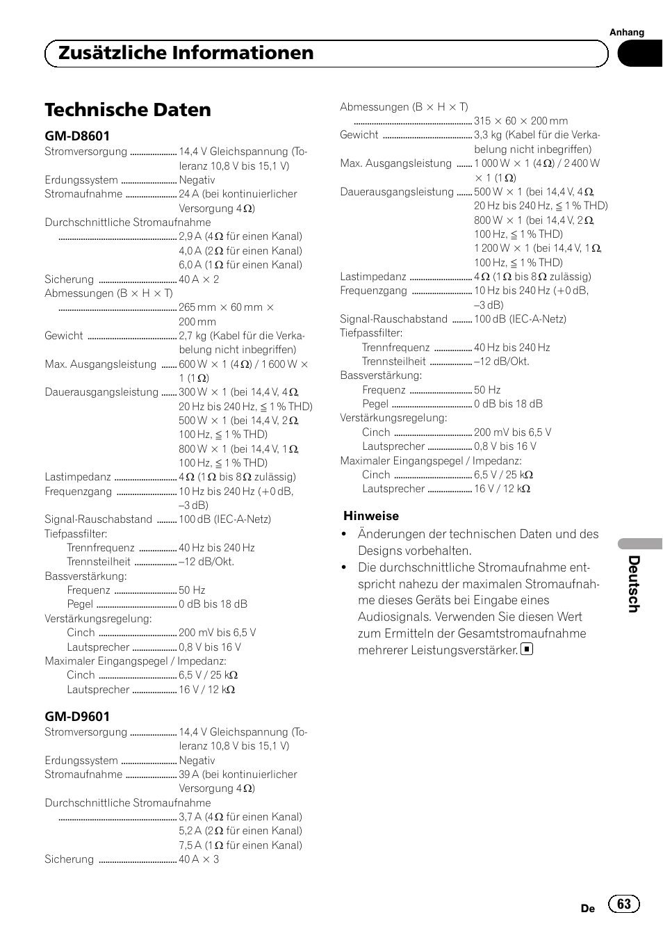 Technische daten, Zusätzliche informationen, Deutsch | Gm-d8601, Gm-d9601 | Pioneer GM-D8601 User Manual | Page 63 / 92