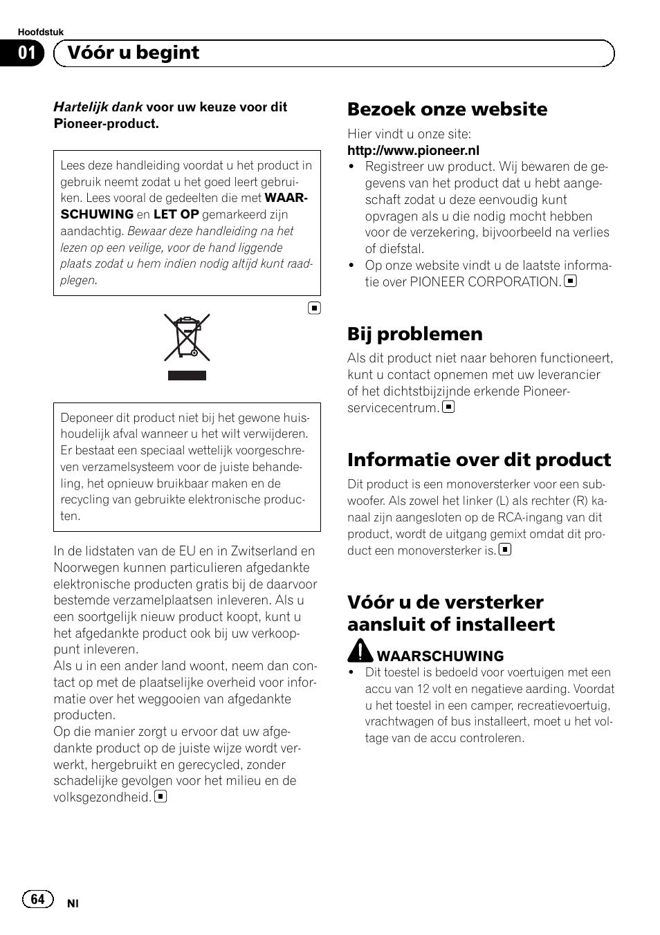 Nederlands, Bezoek onze website, Bij problemen | Informatie over dit product, Vóór u de versterker aansluit of installeert, 01 vóór u begint | Pioneer GM-D8601 User Manual | Page 64 / 92