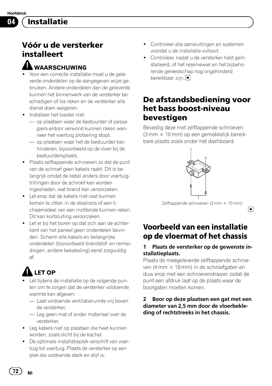 Vóór u de versterker installeert, 04 installatie | Pioneer GM-D8601 User Manual | Page 72 / 92