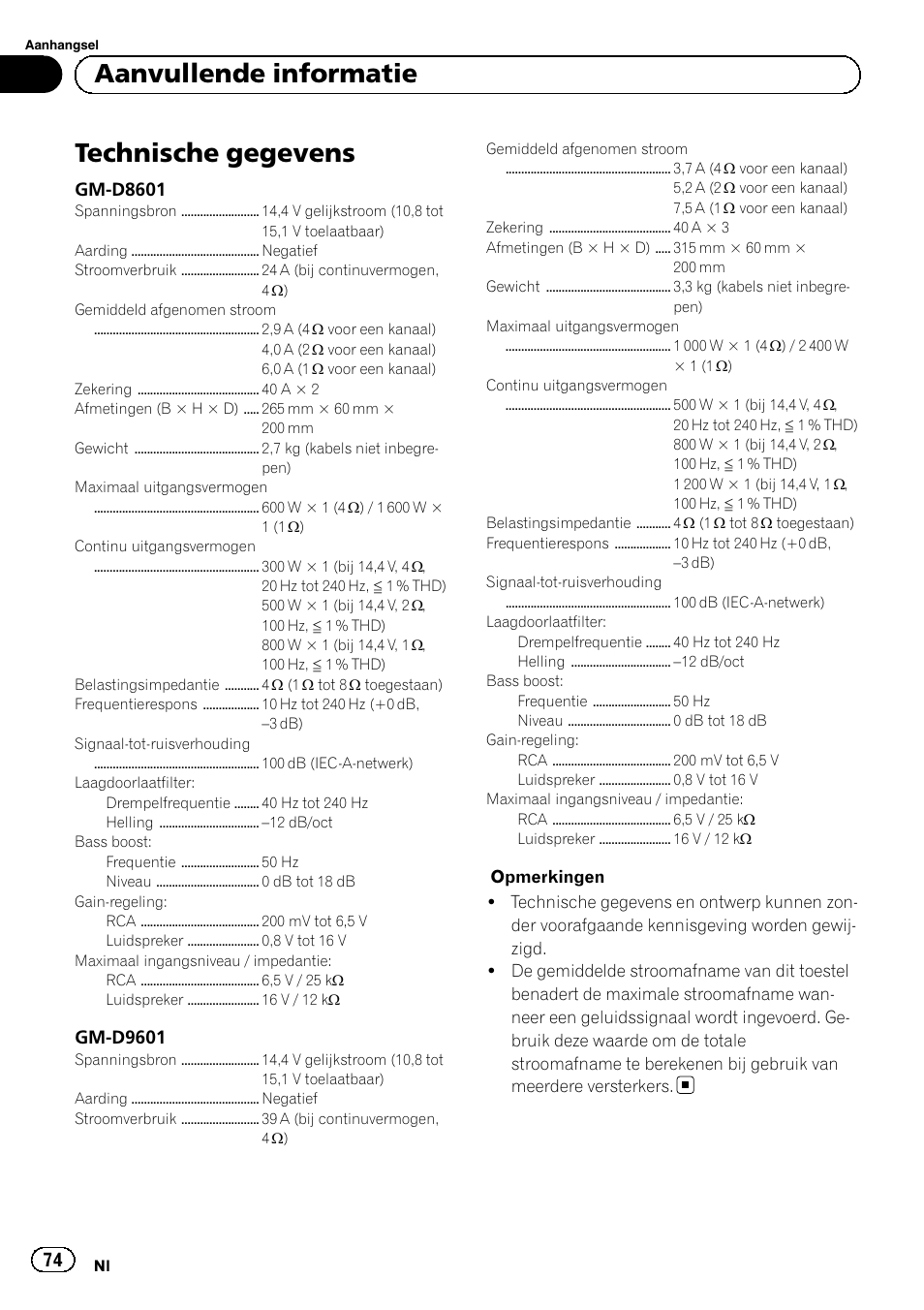 Technische gegevens, Aanvullende informatie, Gm-d8601 | Gm-d9601 | Pioneer GM-D8601 User Manual | Page 74 / 92