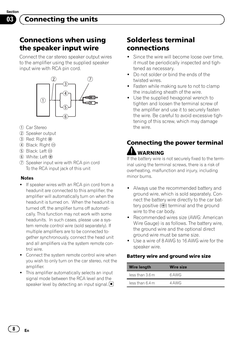 Connections when using the speaker input wire, Solderless terminal connections, 03 connecting the units | Connecting the power terminal | Pioneer GM-D8601 User Manual | Page 8 / 92
