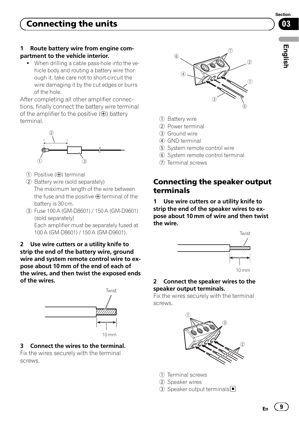 03 connecting the units, Connecting the speaker output terminals | Pioneer GM-D8601 User Manual | Page 9 / 92