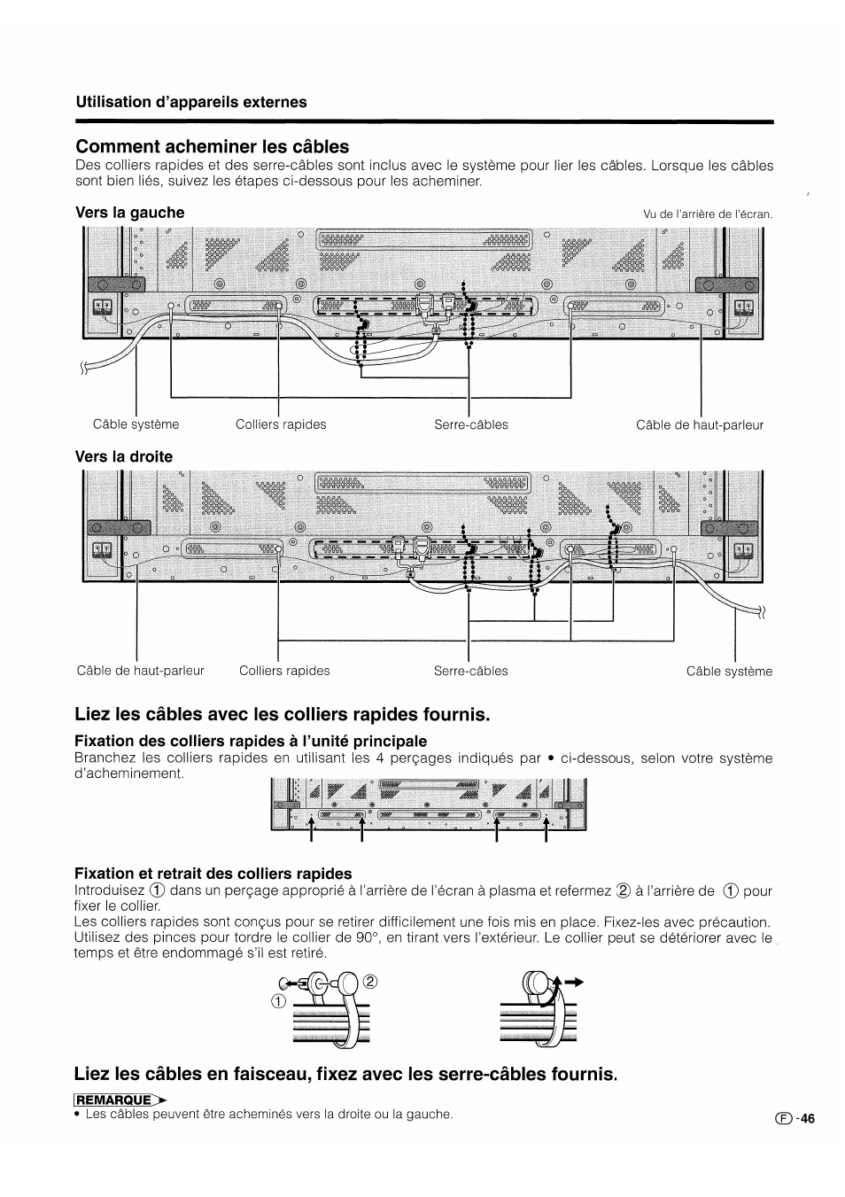 Comment acheminer les câbles, Vers la gauche, Vers la droite | Liez les câbles avec les colliers rapides fournis, Fixation des colliers rapides à l’unité principale, Fixation et retrait des colliers rapides | Pioneer PDP-503HDE User Manual | Page 113 / 196