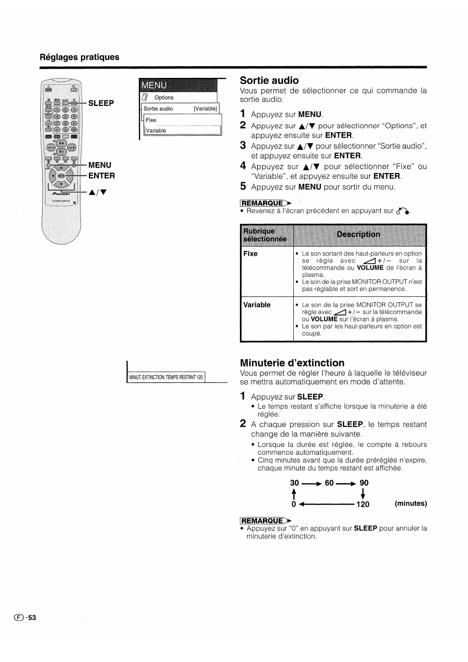 Sortie audio, Minuterie d’extinction | Pioneer PDP-503HDE User Manual | Page 120 / 196