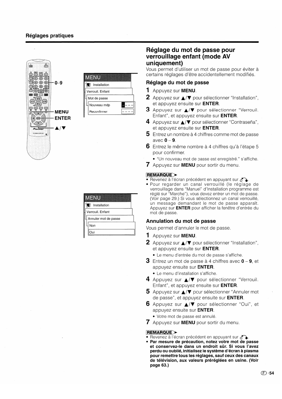 Réglage du mot de passe, Annulation du mot de passe, Appuyez sur | Pioneer PDP-503HDE User Manual | Page 121 / 196