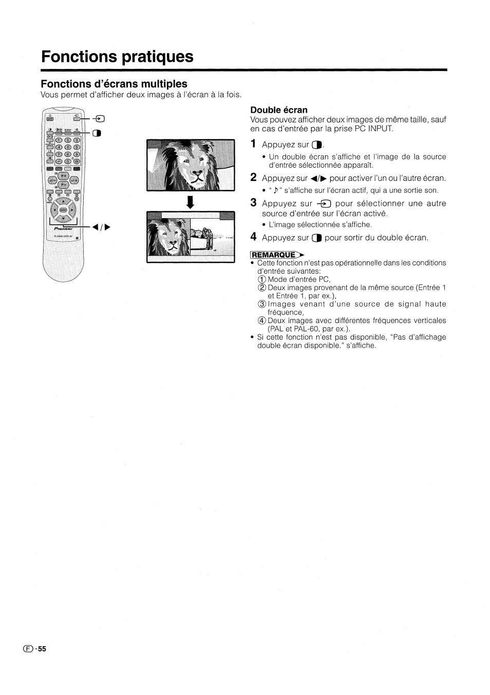Fonctions pratiques, Fonctions d’écrans multiples, Double écran | 1 appuyez sur 3, 2 appuyez sur pour activer l’un ou l’autre écran, 4 appuyez sur 3 pour sortir du double écran | Pioneer PDP-503HDE User Manual | Page 122 / 196