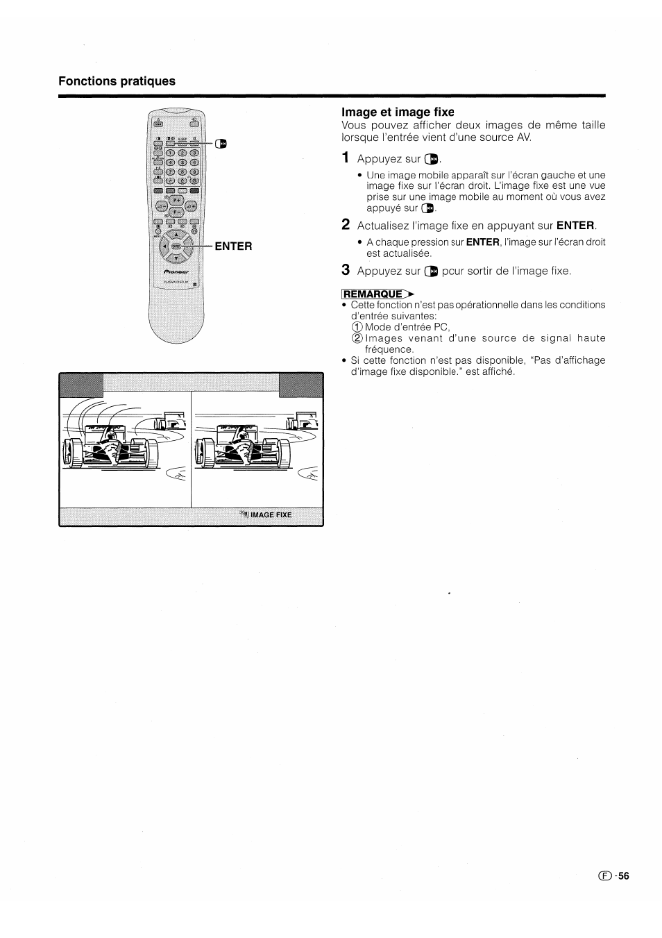 Image et image fixe, Vous pouvez afficher deux images de même taille, Lorsque l’entrée vient d’une source av | 1 appuyez sur c, 2 actualisez l’image fixe en appuyant sur enter, 3 appuyez sur cb pour sortir de l’image fixe | Pioneer PDP-503HDE User Manual | Page 123 / 196