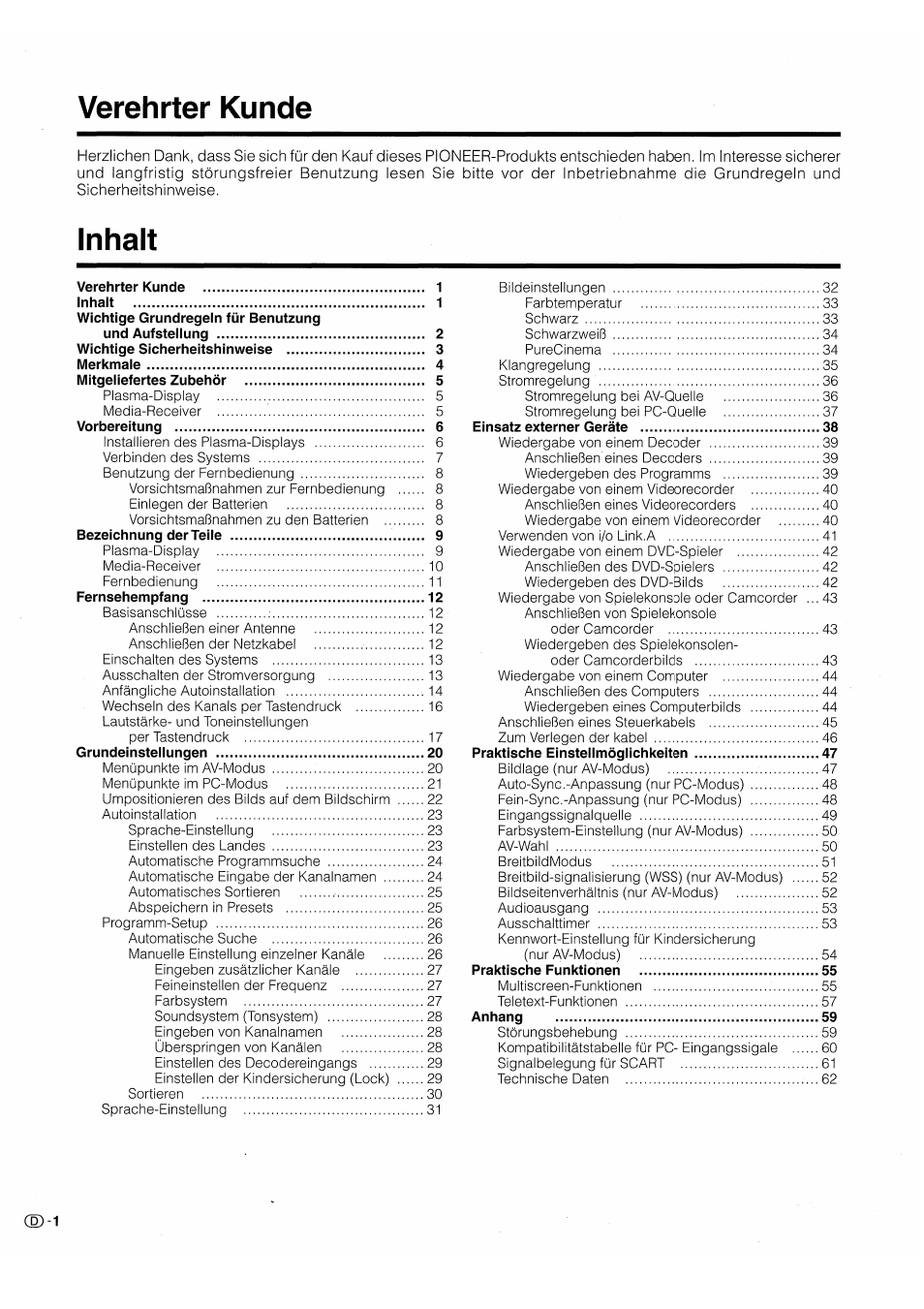 Verehrter kunde, Inhalt | Pioneer PDP-503HDE User Manual | Page 132 / 196