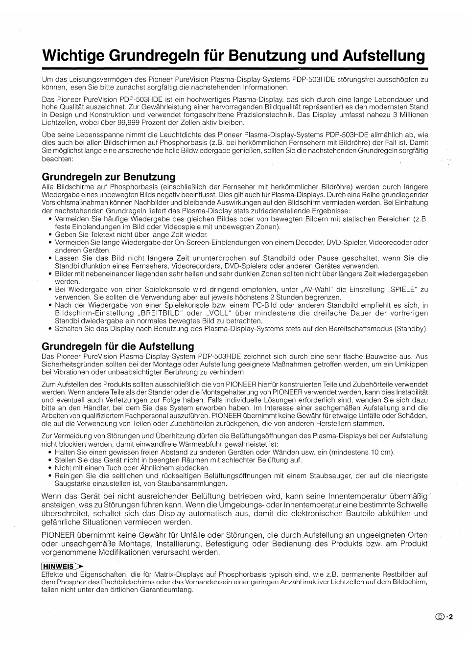 Wichtige grundregein für benutzung und aufsteiiung, Grundregeln zur benutzung, Grundregeln für die aufstellung | Pioneer PDP-503HDE User Manual | Page 133 / 196