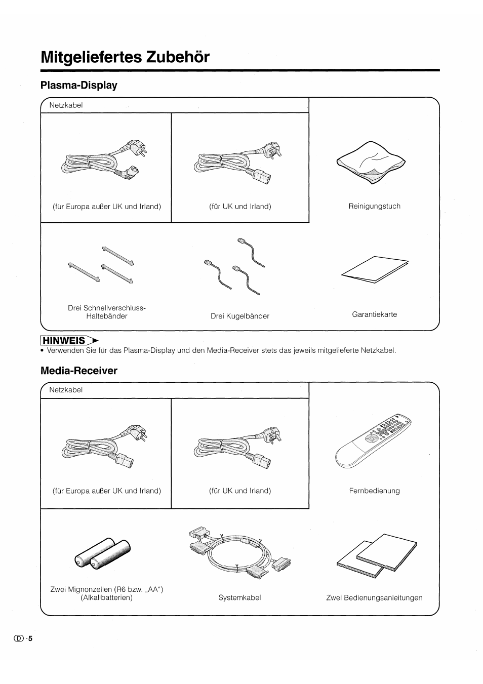Mitgeliefertes zubehör, Plasma-display, Hinweis | Media-receiver, Plasma display | Pioneer PDP-503HDE User Manual | Page 136 / 196