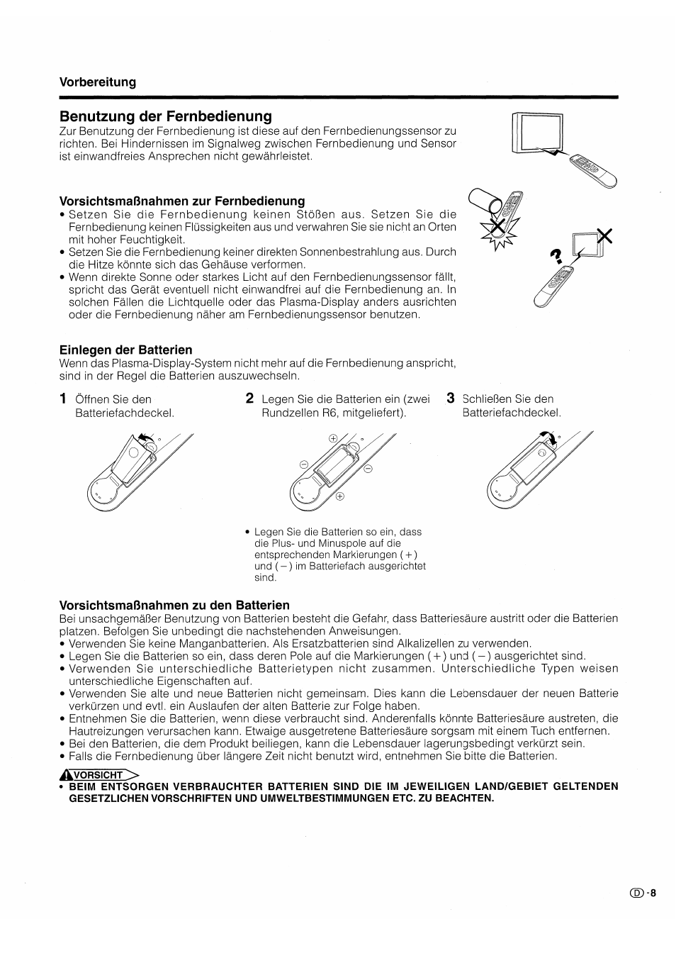 Benutzung der fernbedienung, Vorsichtsmaßnahmen zur fernbedienung, Einlegen der batterien | Vorsichtsmaßnahmen zu den batterien | Pioneer PDP-503HDE User Manual | Page 139 / 196