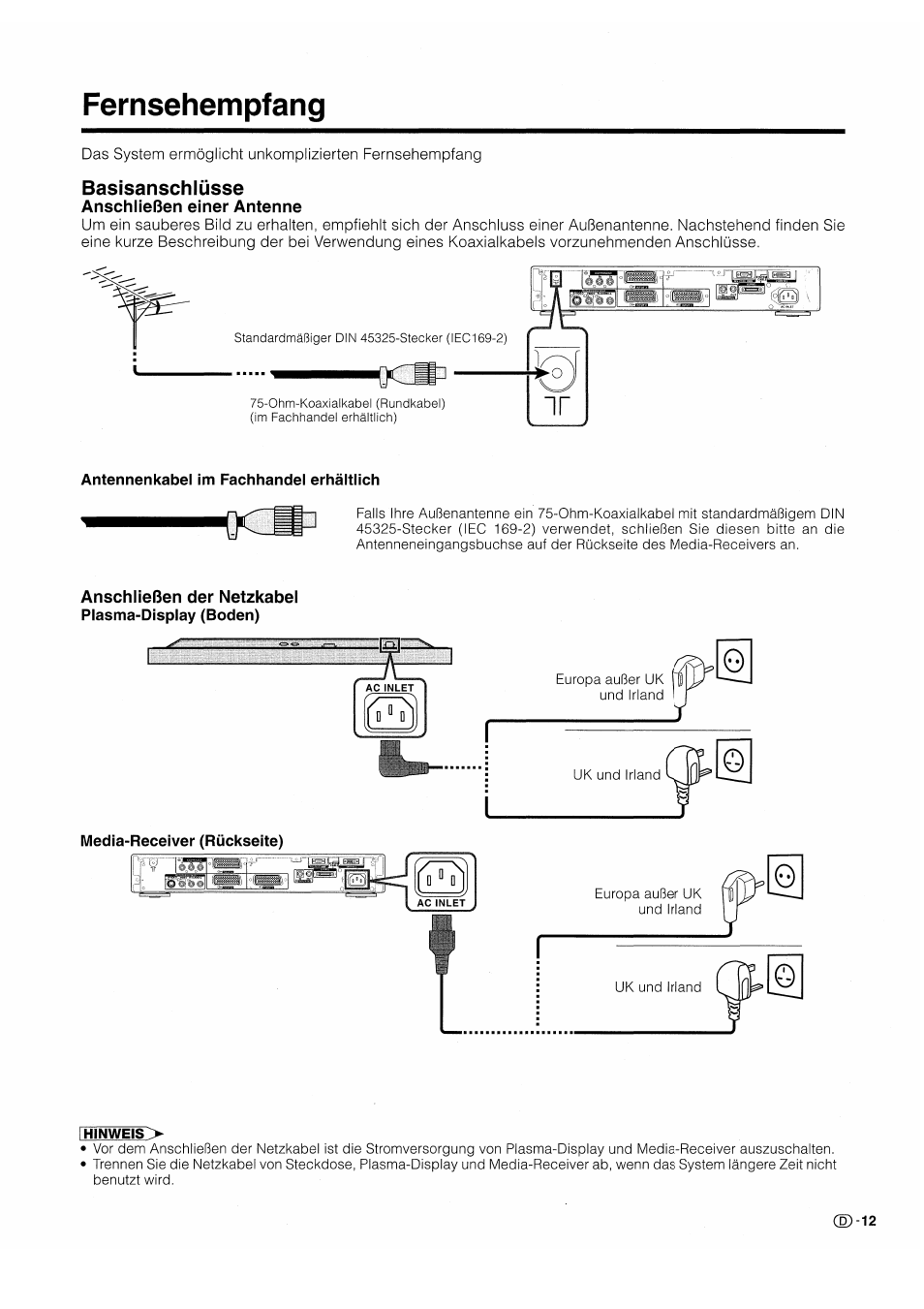 Fernsehempfang, Basisanschlüsse, Anschließen einer antenne | Anschließen der netzkabel plasma-display (boden) | Pioneer PDP-503HDE User Manual | Page 143 / 196