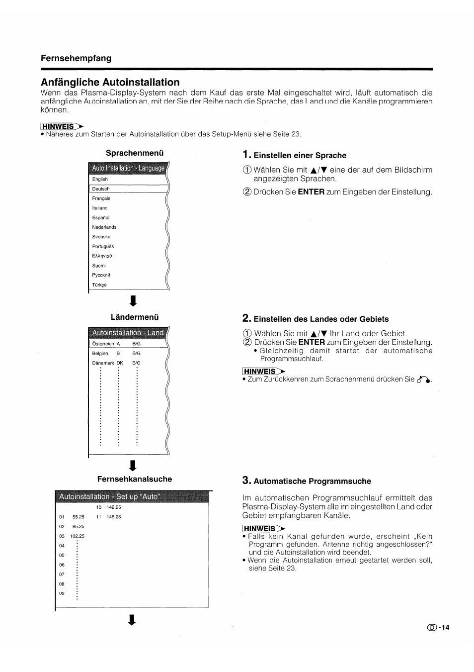 Anfängliche autoinstallation, Fernsehempfang | Pioneer PDP-503HDE User Manual | Page 145 / 196