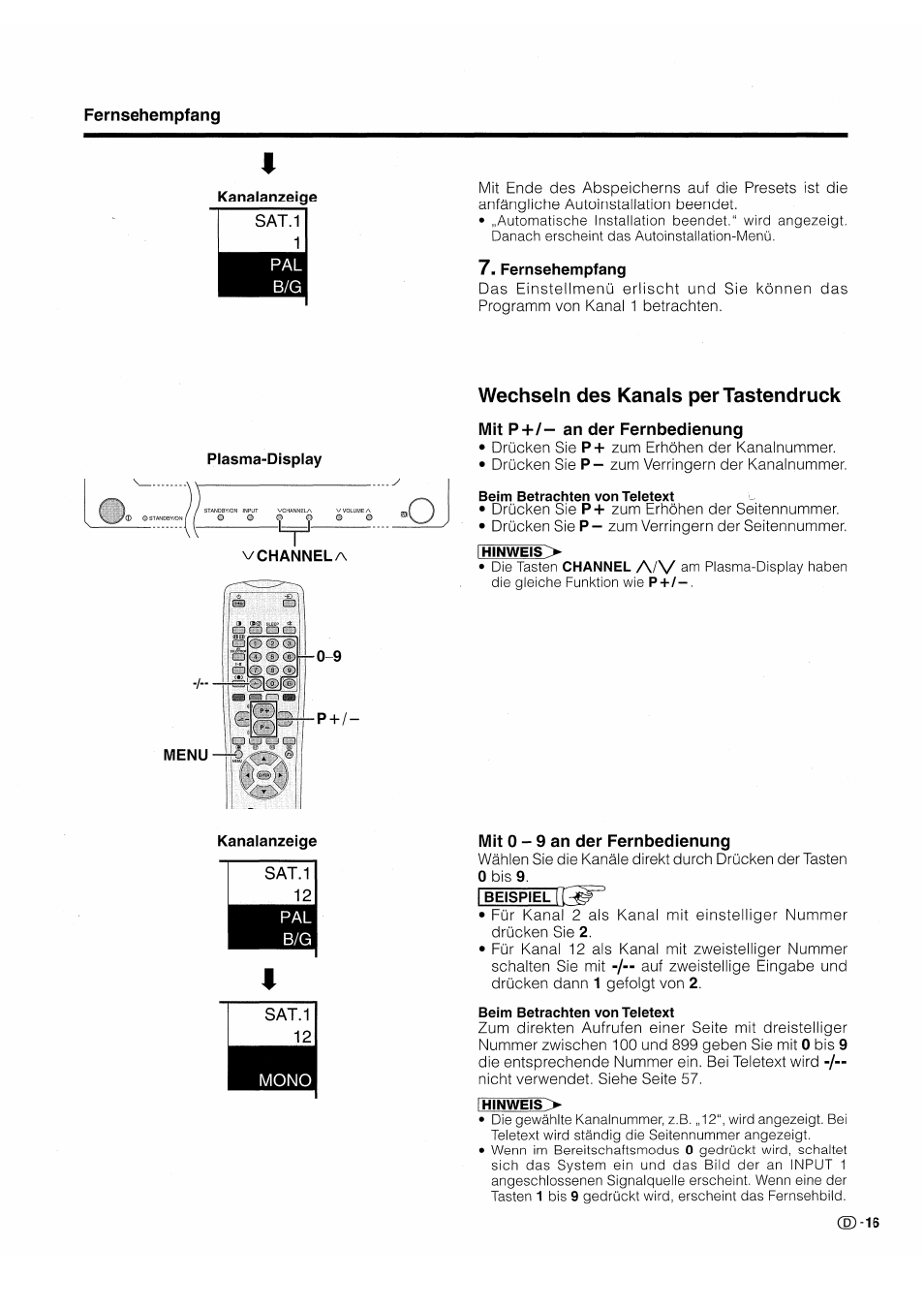 Wechseln des kanals per tastendruck, Mit p+/~ an der fernbedienung, Mit 0 - 9 an der fernbedienung | Sat.1 12 mono | Pioneer PDP-503HDE User Manual | Page 147 / 196