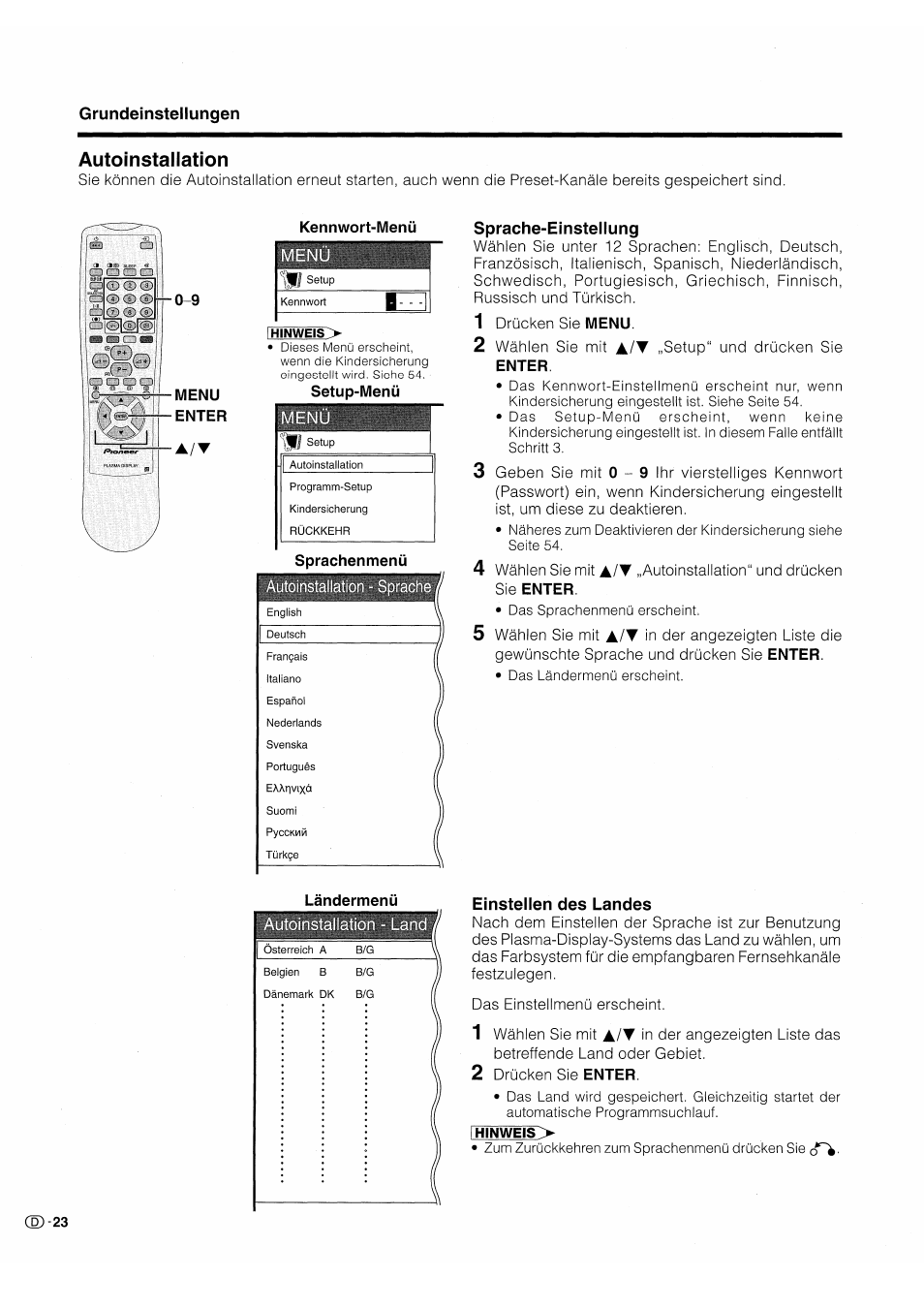 Autoinstaliation, Sprache-einstellung, Einstellen des landes | Pioneer PDP-503HDE User Manual | Page 154 / 196