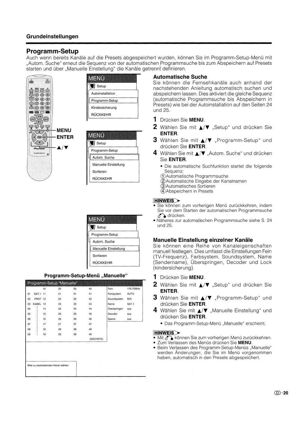 Programm-setgp, Automatische suche, Manuelle einstellung einzelner kanäle | Grundeinstellungen | Pioneer PDP-503HDE User Manual | Page 157 / 196