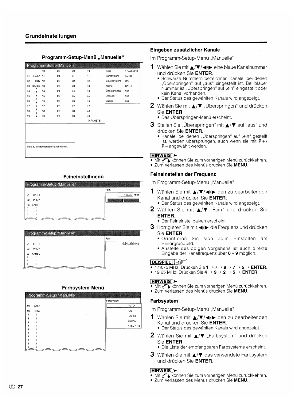 Grundeinstellungen, A / t, Programm-setup-menü „manuelle | Feineinstellmenü, Farbsystem-menü, Wählen sie mit, Überspringen“ und drücken sie enter, Den zu bearbeitenden kanal und drücken sie enter, Fein“ und drücken sie enter, Farbsystem im programm-setup-menü „manuelle | Pioneer PDP-503HDE User Manual | Page 158 / 196