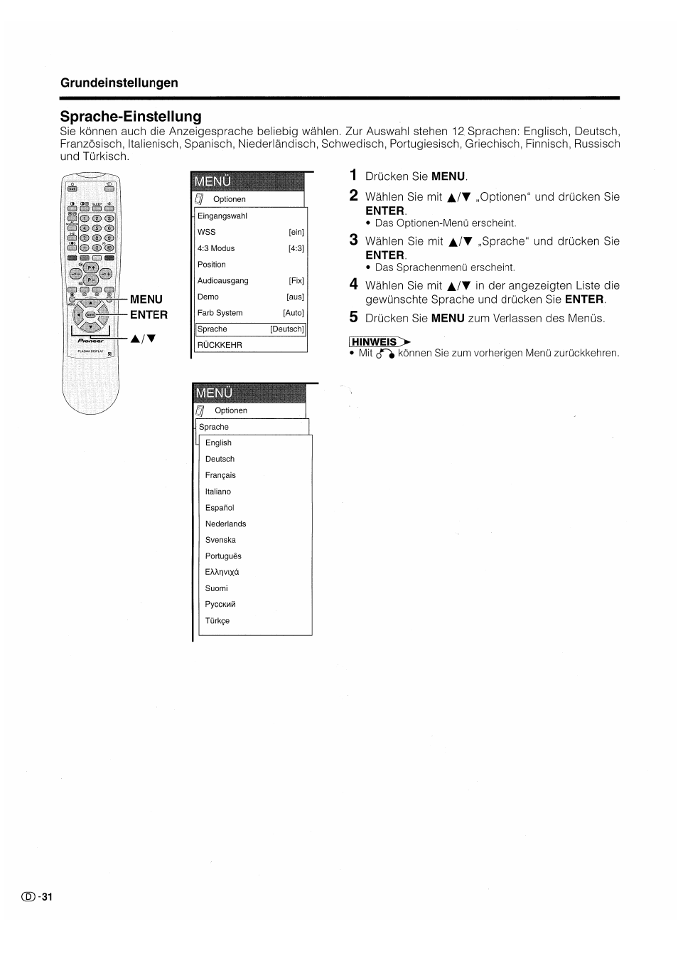 Sprache-einstellung | Pioneer PDP-503HDE User Manual | Page 162 / 196