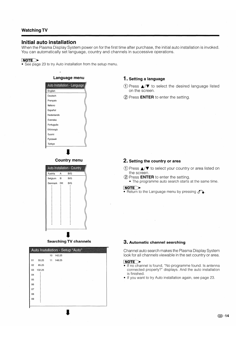 Initial auto installation, Auto installation - language, Press enter to enter the setting | 2) press enter to enter the setting, Auto installation - setup “autc, Watching tv, Language menu, Country menu, Setting a language, Enter | Pioneer PDP-503HDE User Manual | Page 17 / 196