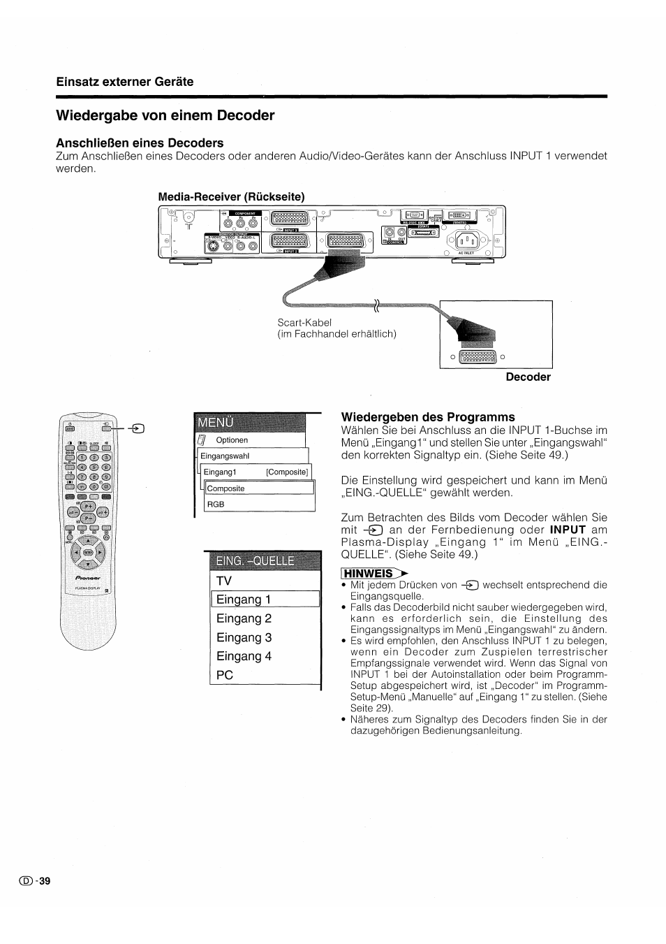 Wiedergabe von einem decoder, Anschließen eines decoders, Wiedergeben des programms | Pioneer PDP-503HDE User Manual | Page 170 / 196