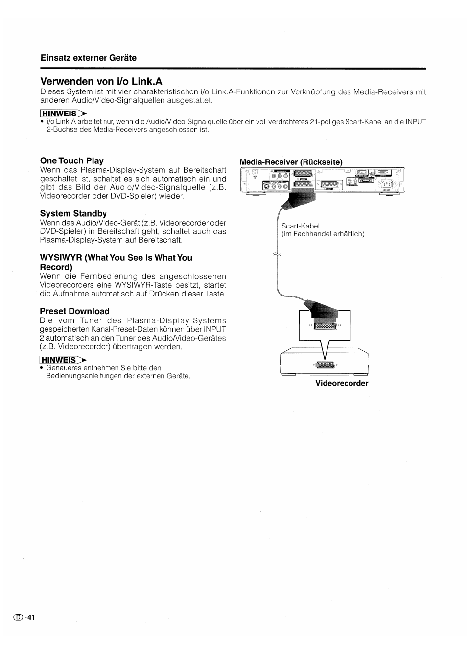 Verwenden von i/o link.a, One touch play, System standby | Wysiwyr (whatyou see iswhatyou record), Preset download | Pioneer PDP-503HDE User Manual | Page 172 / 196