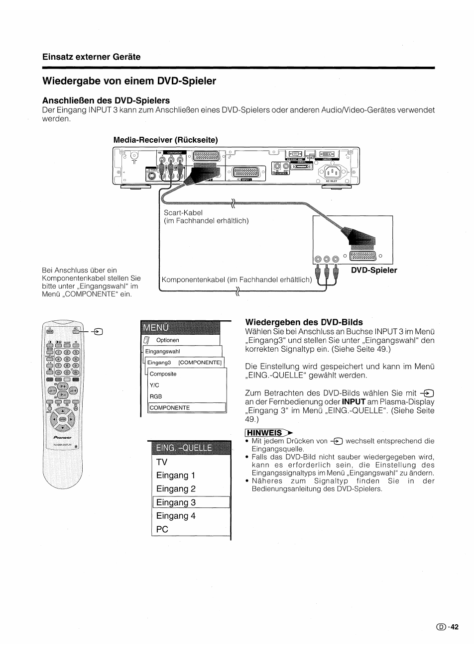 Wiedergabe von einem dvd-spieier, Anschließen des dvd-spielers, Wiedergeben des dvd-bilds | Wiedergabe von einem dvd-spieler | Pioneer PDP-503HDE User Manual | Page 173 / 196