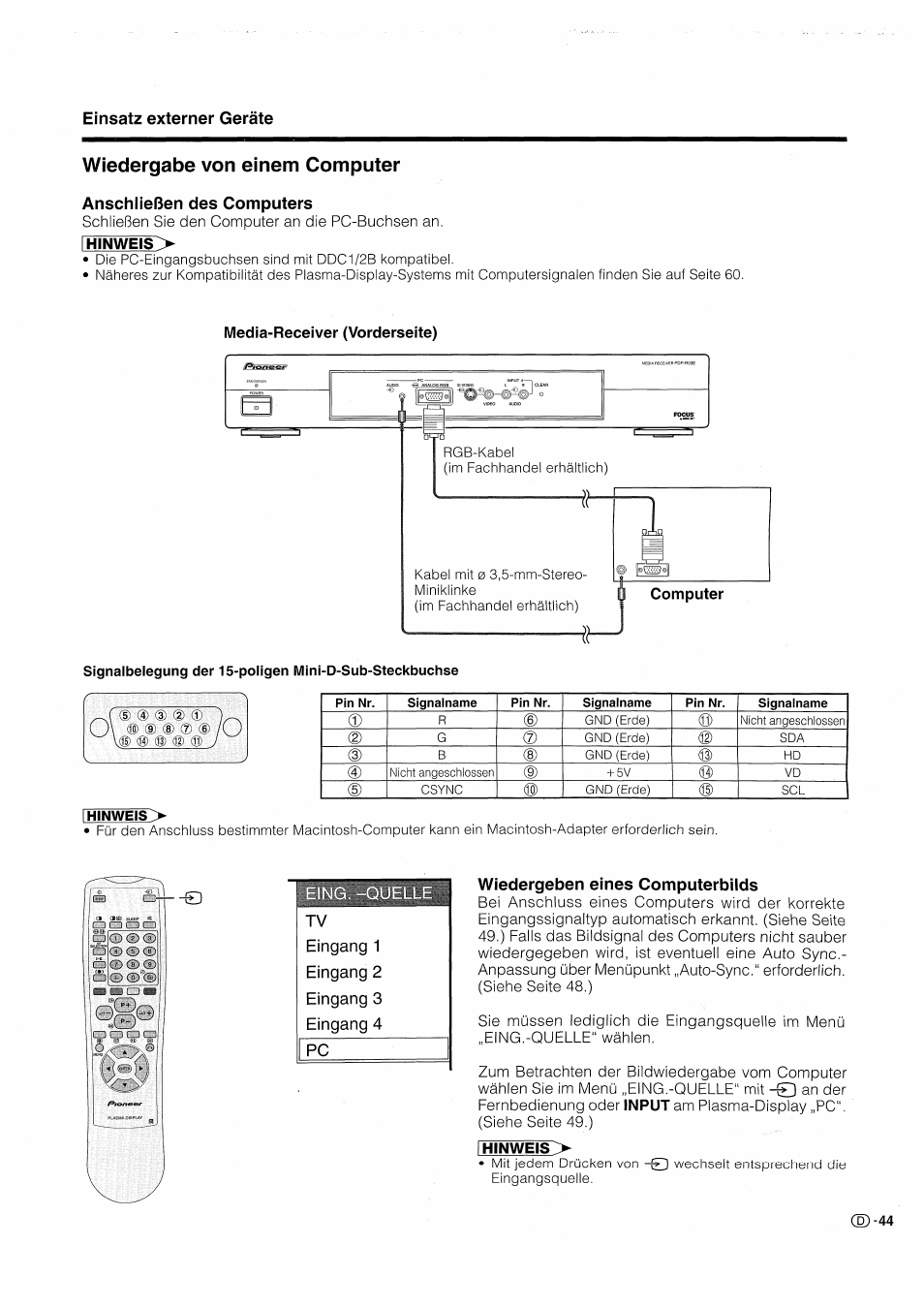Wiedergabe von einem computer, Anschließen des computers, Wiedergeben eines computerbilds | Pioneer PDP-503HDE User Manual | Page 175 / 196