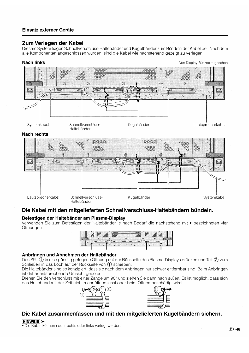 Zum verlegen der kabel, Nach links, Befestigen der haltebänder am plasma-display | Anbringen und abnehmen der haltebänder | Pioneer PDP-503HDE User Manual | Page 177 / 196