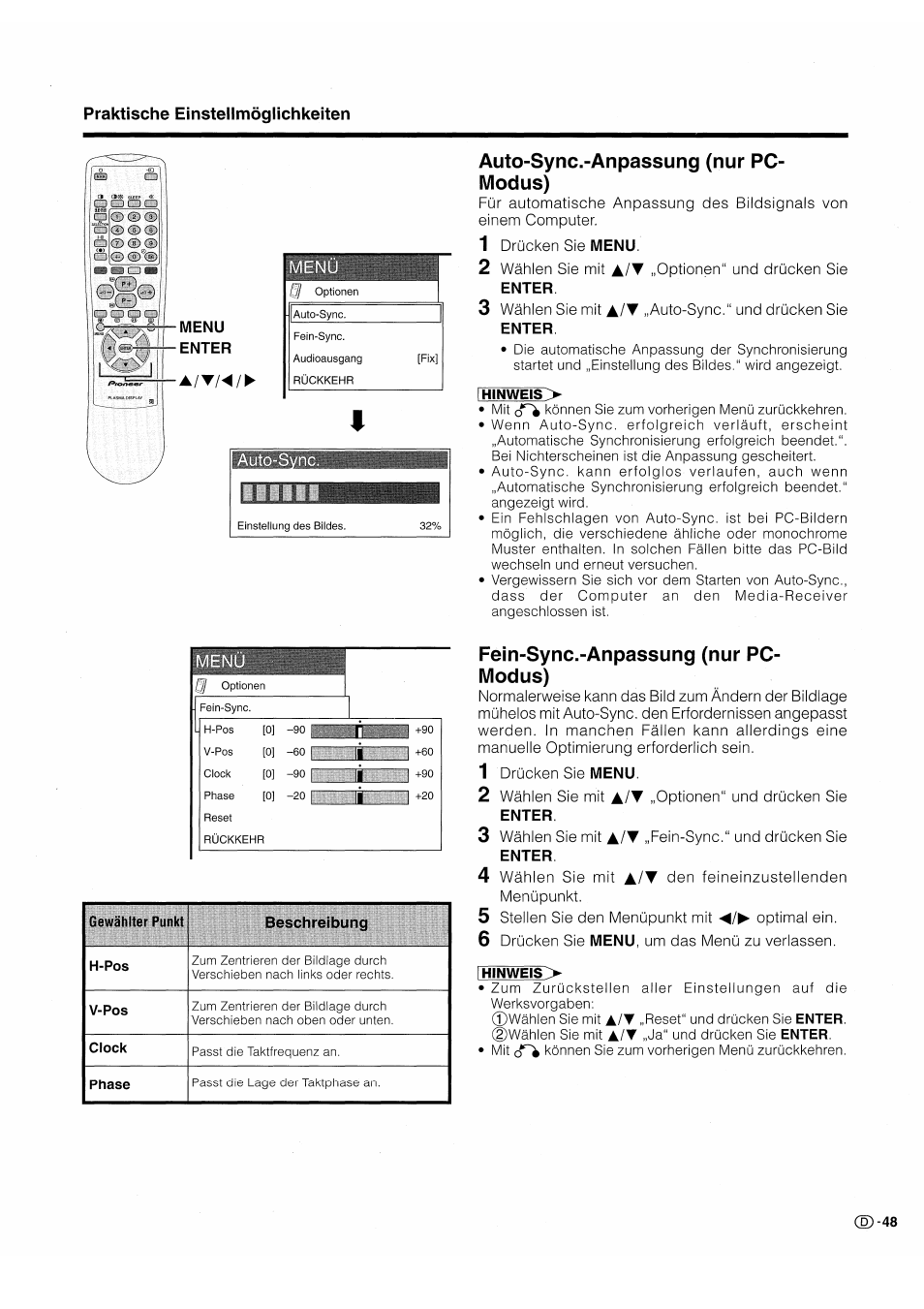 Auto-sync.-anpassung (nur pc- modus), Fein-sync.-anpassung (nur pc- modus), Auto-sync.-anpassung (nur pc-modus) | Fein-sync.-anpassung (nur pc-modus) | Pioneer PDP-503HDE User Manual | Page 179 / 196