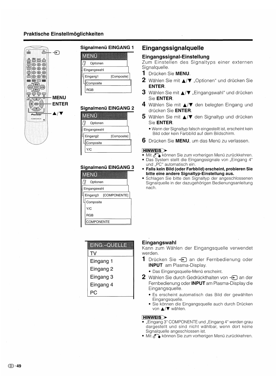 Eingangssignalquelle, Eingangssignal-einstellung, Eingangswahl | Pioneer PDP-503HDE User Manual | Page 180 / 196