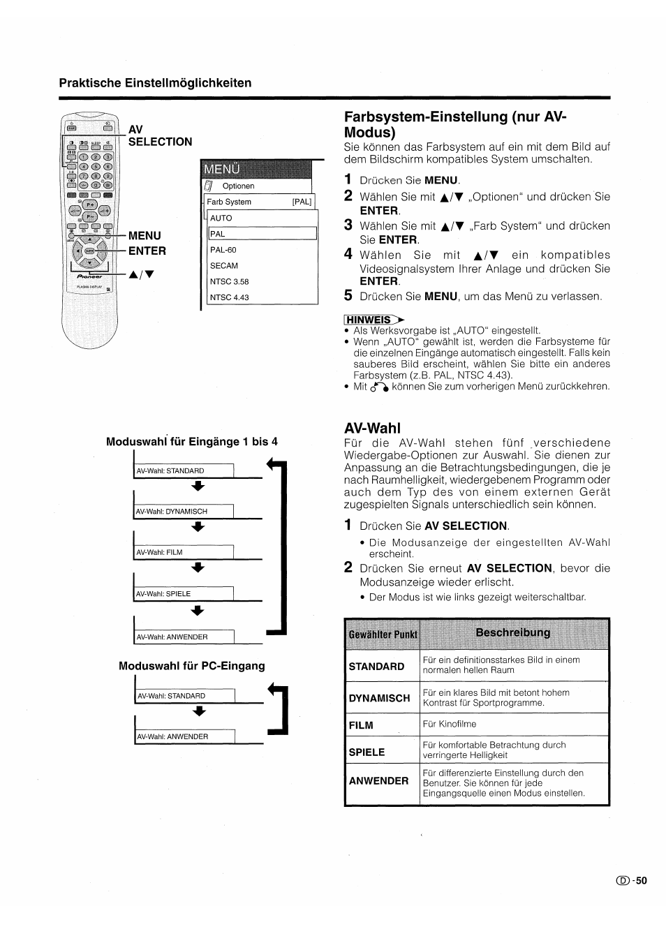 Farbsystem-einstellung (nur av- modus), Av-wahl, Farbsystem-einstellung (nur av-modus) | Pioneer PDP-503HDE User Manual | Page 181 / 196