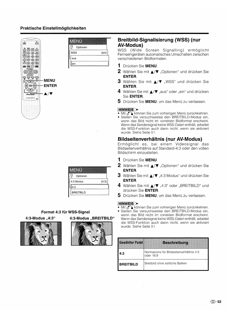 Breitbild-signalisierung (wss) (nur av-modus), Bildseitenverhältnis (nur av-modus) | Pioneer PDP-503HDE User Manual | Page 183 / 196