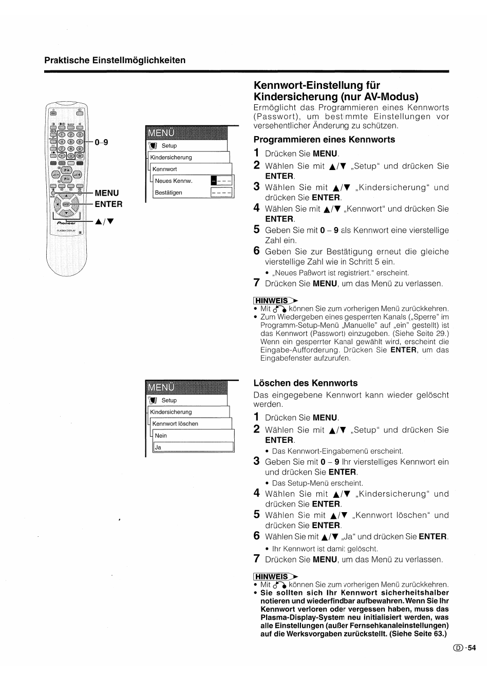 Programmieren eines kennworts, Löschen des kennworts | Pioneer PDP-503HDE User Manual | Page 185 / 196