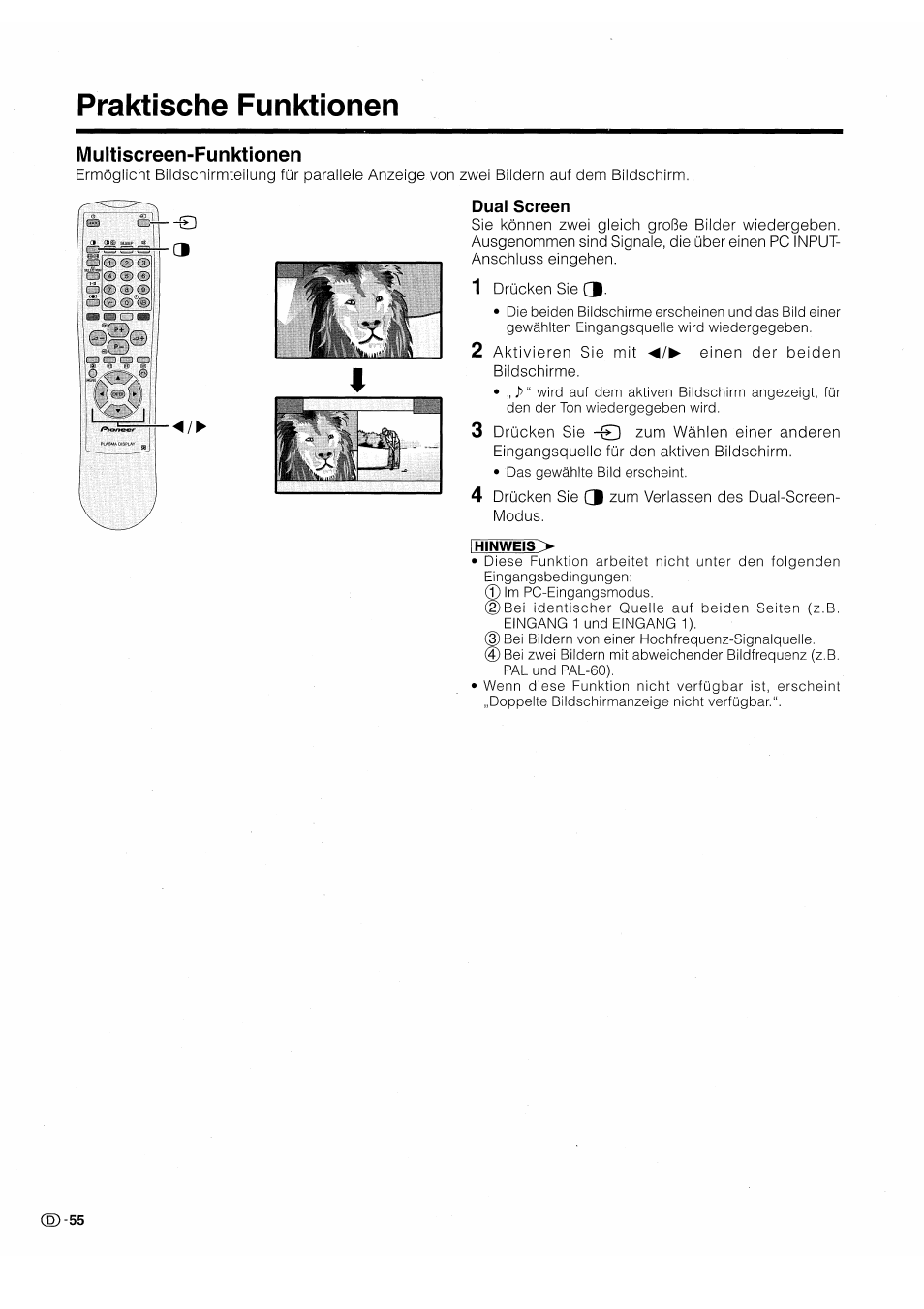 Praktische funktionen, Multiscreen-funktionen, Dual screen | 1 drücken sie a, 2 aktivieren sie mit einen der beiden, Bildschirme | Pioneer PDP-503HDE User Manual | Page 186 / 196