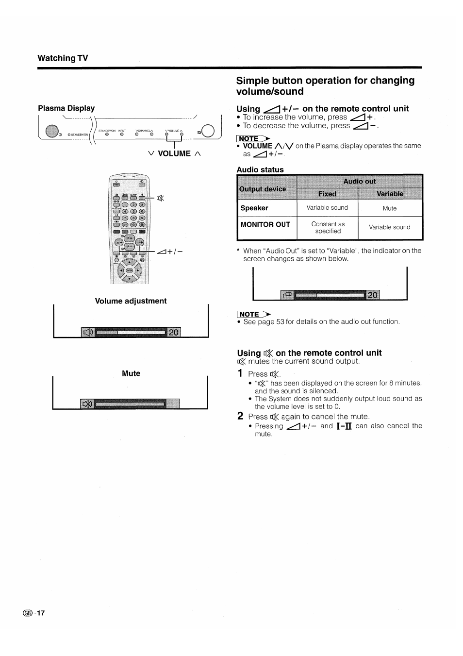 Simple button operation for changing volume/sound, Using ^^+/— on the remote control unit, To increase the volume, press | To decrease the volume, press, Using on the remote control unit, Mutes the current sound output, 1 press o, 2 press again to cancel the mute | Pioneer PDP-503HDE User Manual | Page 20 / 196