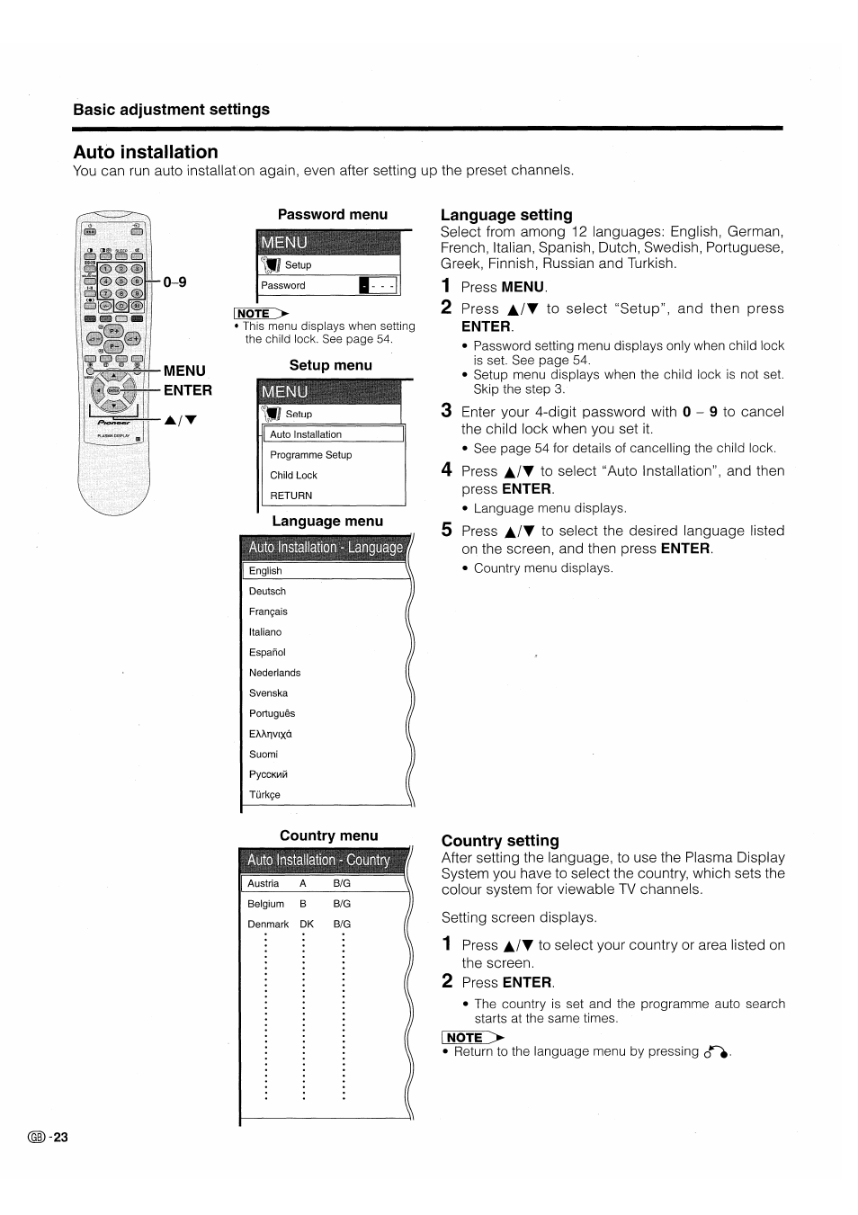 Auto installation, Language setting, Country setting | Pioneer PDP-503HDE User Manual | Page 26 / 196