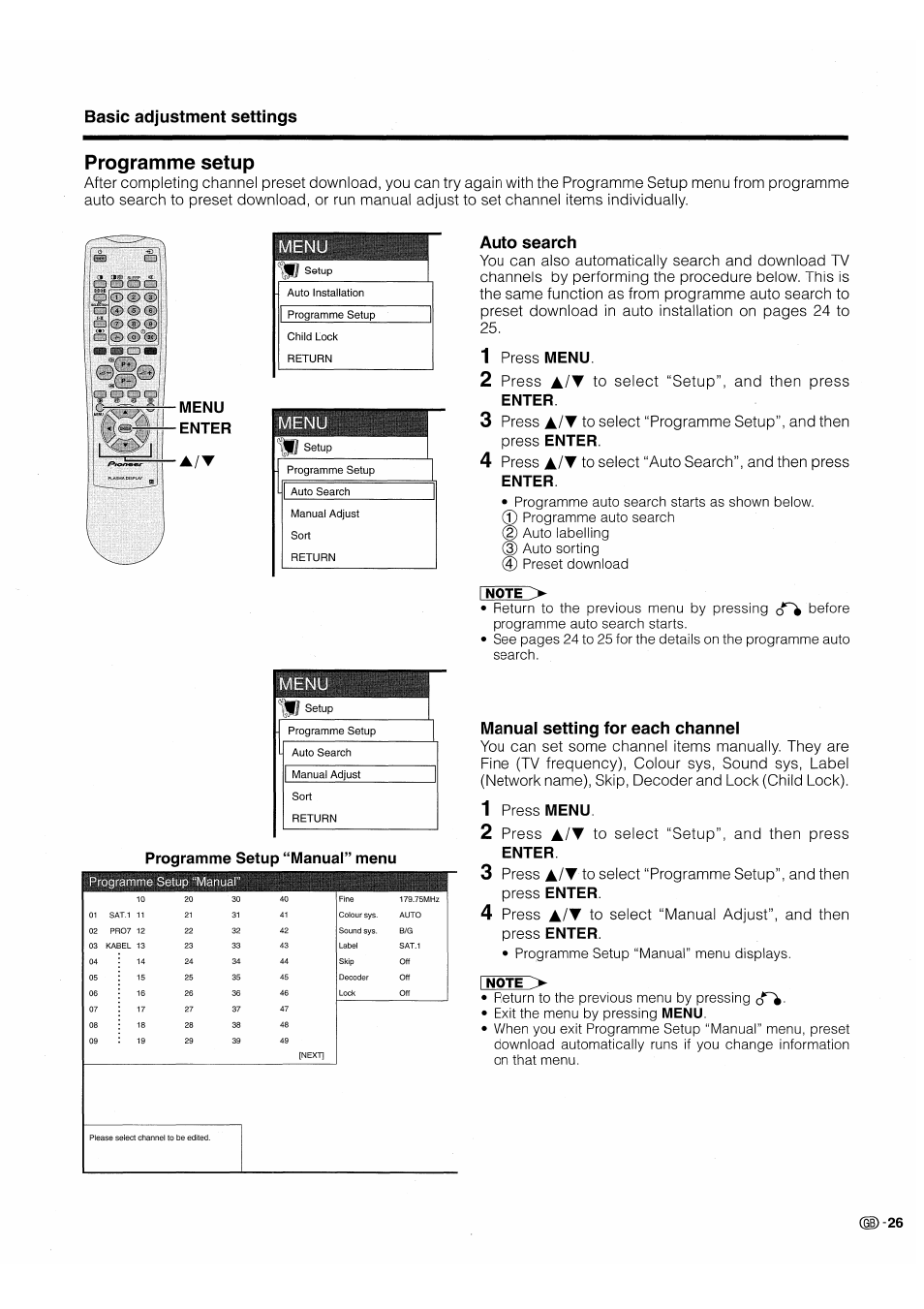 Programme setup, Auto search, Manual setting for each channel | Basic adjustment settings | Pioneer PDP-503HDE User Manual | Page 29 / 196