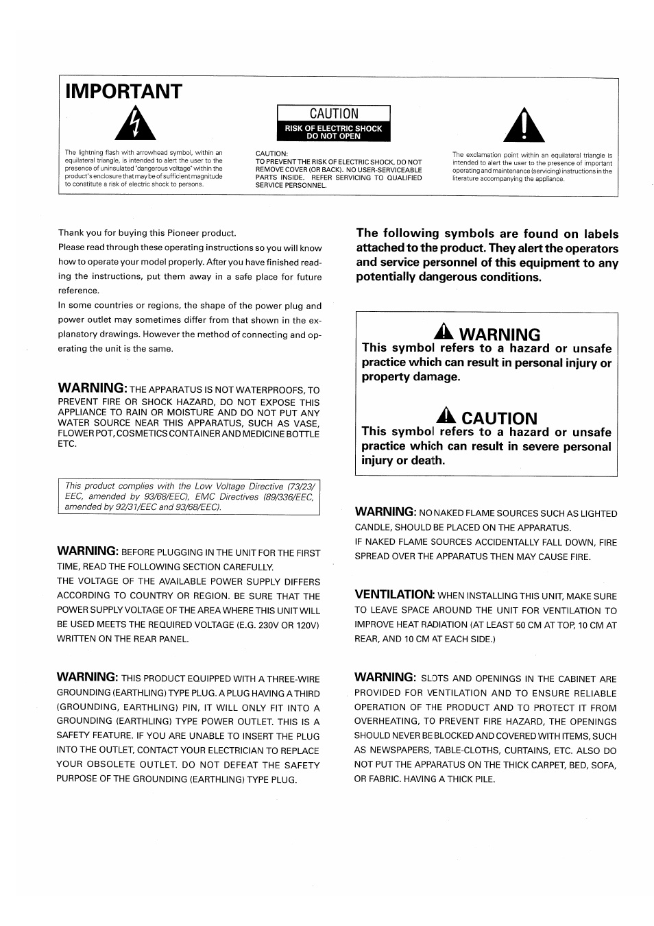 Important, Caution, Warning | Pioneer PDP-503HDE User Manual | Page 3 / 196