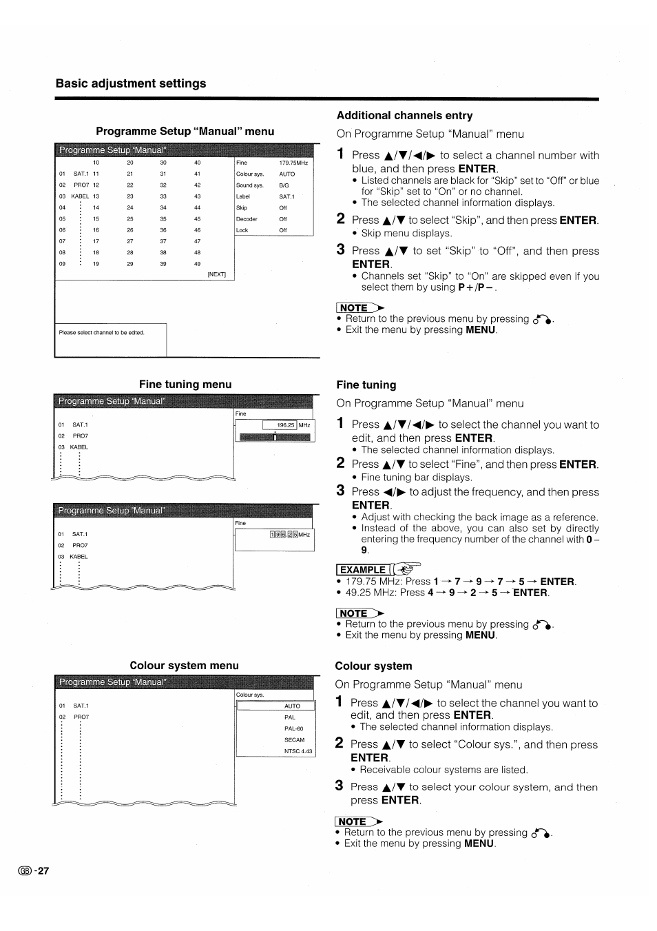 On programme setup “manual” menu, 1 press to select a channel number with, Blue, and then press enter | 2 press a/t to select “skip”, and then press enter, Basic adjustment settings, Programme setup “manual” menu, Press a/t to select “skip”, and then press enter, Fine tuning menu, Fine tuning on programme setup “manual” menu, Press | Pioneer PDP-503HDE User Manual | Page 30 / 196